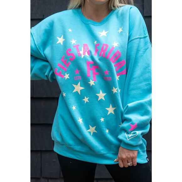 Fiesta Friday Krista Horton Slyfox Threads Scuba Blue Pullover Sweatshirt medium - Picture 1 of 7